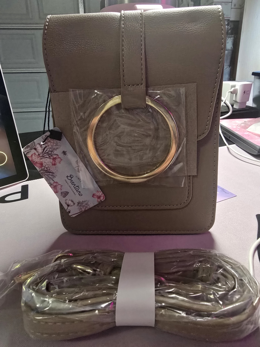 Taupe Brentano Vegsn Leather Crossbody Bag with Gold Ring Accent